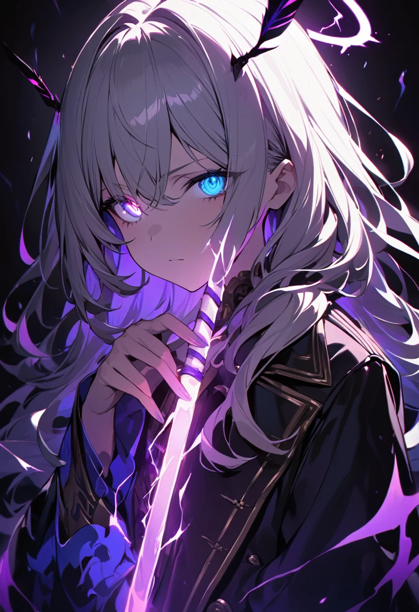 elementary, Shadow Surrounding Girl, lightning, Green Aura, Red aura, Purple aura, Flames surrounding the girl, masterpiece, Dark Theme, Highest quality, Maximum details, Very fine eye, Professional coloring, cinematic lightning, Remaining, Written boundary depth, Backlight, One Girl, Young girl, Silver Hair, Long Hair, Black glowing halo, Shining blue sea, Blue Flame, Magic Feather, Fantasy-inspired costumes, Black long coat, shirt, Black trousers, Expressionless, Purple left eye and blue right eye, Odd Eye, Glowing Eyes, Show a close-up of your face,Magic Sword