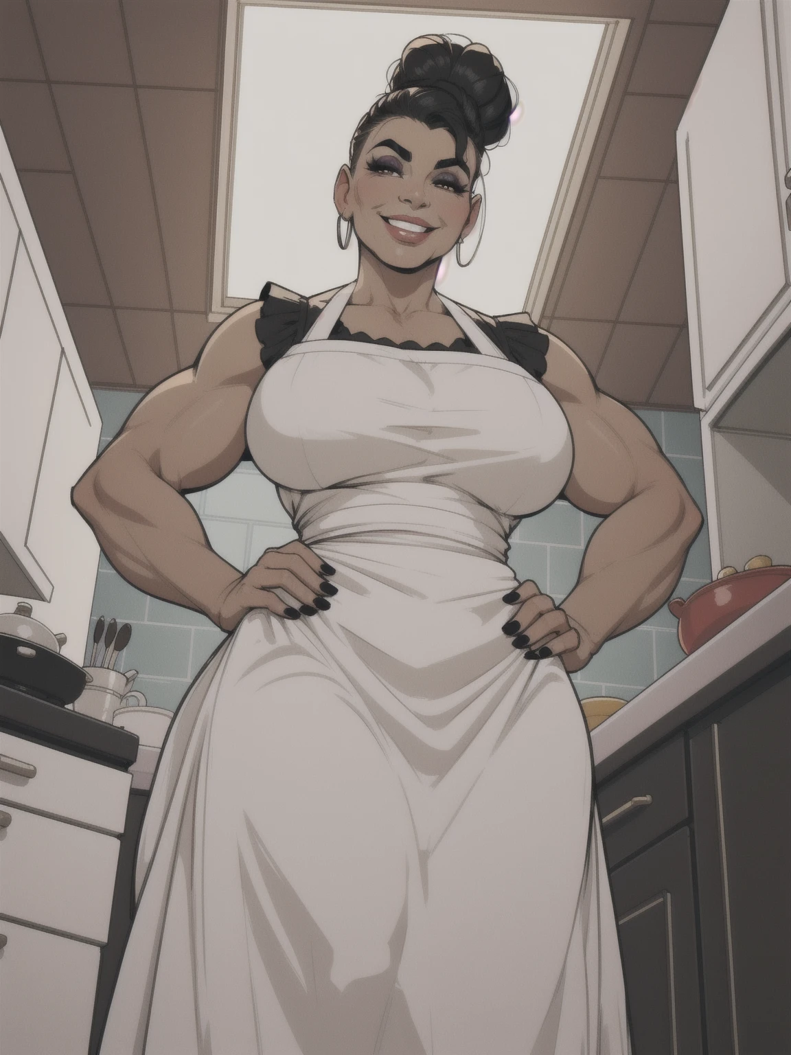 mature woman, solo, 1woman, retro, wearing dress and apron, standing in kitchen, modern kitchen, (huge breasts:1.1), muscular, black hair, updo, hair bun, makeup, looking down at viewer, hands on hips, (from below:1.3), (extremely low angle:1.2), smiling, incase