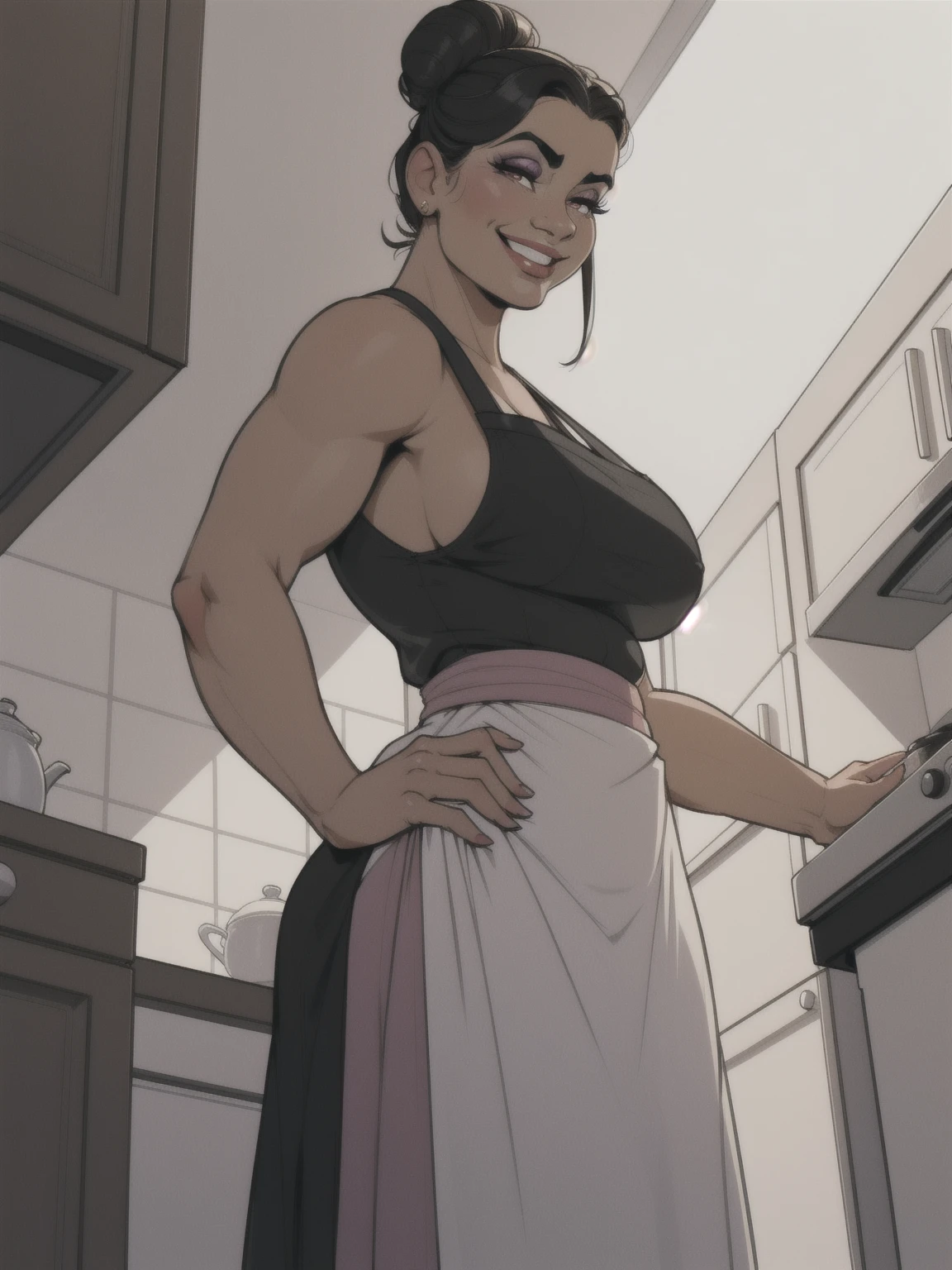 mature woman, solo, 1woman, retro, wearing dress and apron, standing in kitchen, modern kitchen, (huge breasts:1.1), muscular, black hair, updo, hair bun, makeup, looking down at viewer, hands on hips, (from below:1.3), (extremely low angle:1.2), smiling, incase