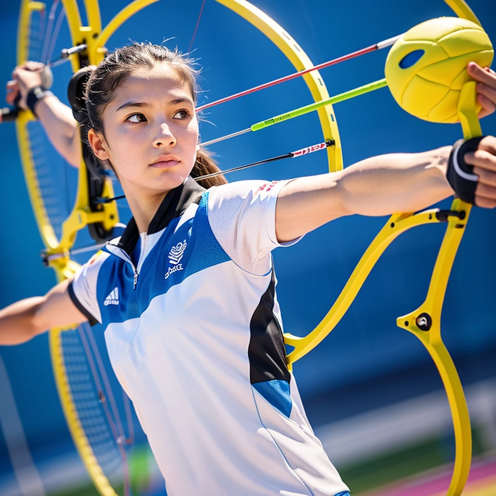 Create a 3D model of a female athlete for Archery.  like ariund the age of 10, highly skilled, and wears the official Olympic uniform for Archery. She has a determined expression and is captured in a dynamic pose relevant to Archery, such as drawing her bow.
