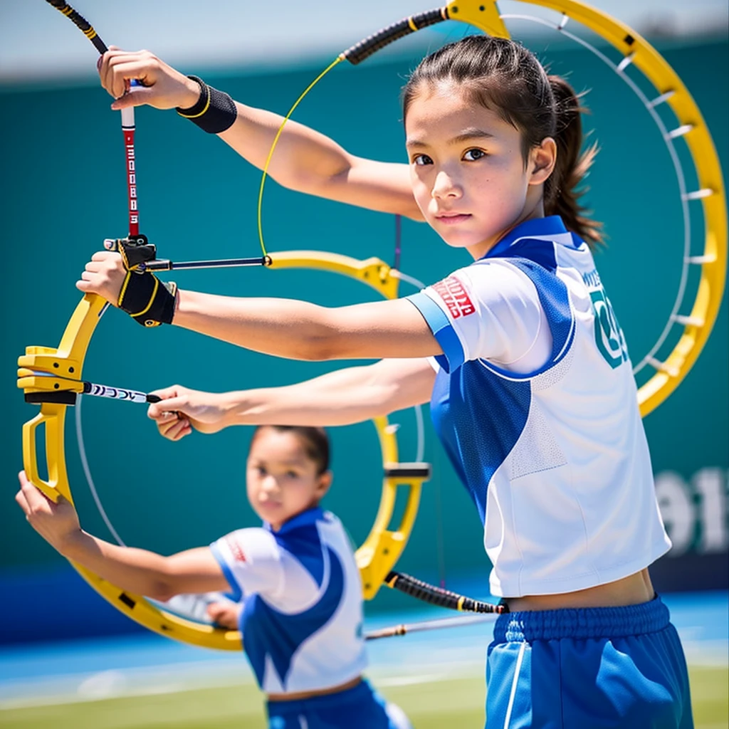 Create a 3D model of a female athlete for Archery. like ariund the age of 10, highly skilled, and wears the official Olympic uniform for Archery. She has a determined expression and is captured in a dynamic pose relevant to Archery, such as drawing her bow.