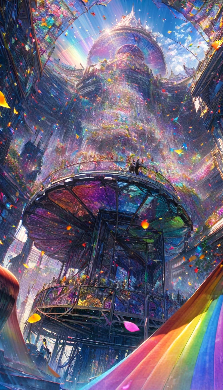 Highest quality, Super quality, 16K, Incredibly absurd, Very detailed, delicate and dynamic, A mysterious, gigantic artistic structure made of chrome-plated framework and glass, After the Rain, Sunlight shines through the gaps in the clouds, The glass reflects the colors of the rainbow、The analyzer is displayed, Many rainbow-colored petals fall, The grass is covered with mist, Create amazing image effects, break (Monochrome, dancing beauty, Sensual expression, Gothic astrologer outfit, Tarot Cards), Point your finger at the camera, Sitting on a Chinese-style chair, At the desk, Fortune telling,