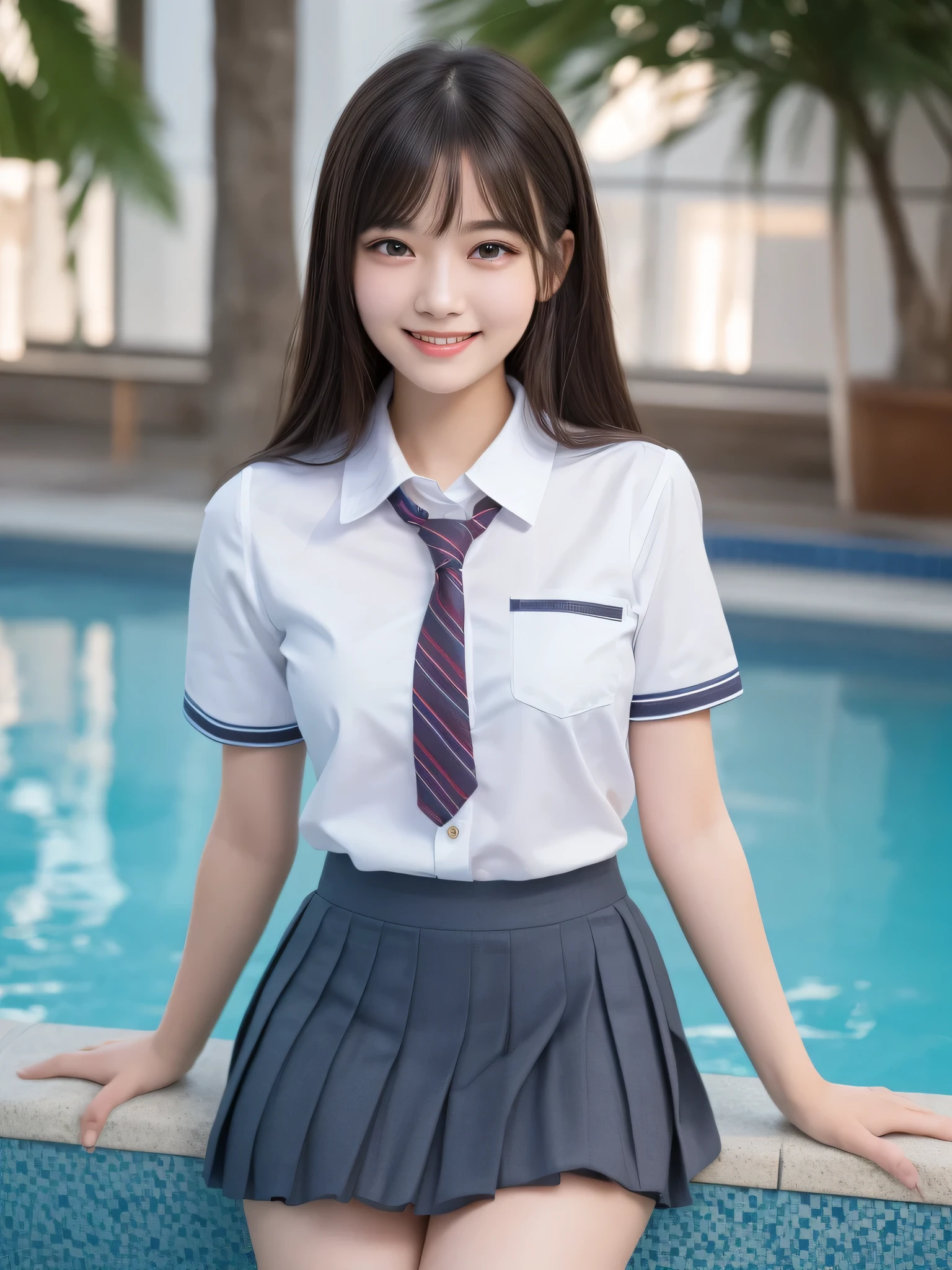 (1woman), kawaii, (round eyes:1.2), (highly detailed face and eyes), Amazing face and eyes, (big smile), (school uniform, pleated mini skirt:1.3), (Best Quality:1.4), (Ultra-detailed), (extremely detailed CG unified 8k wallpaper), Highly detailed, High-definition raw color photos, Professional Photography, Realistic portrait, summer, (pool), (fine face:1.2),