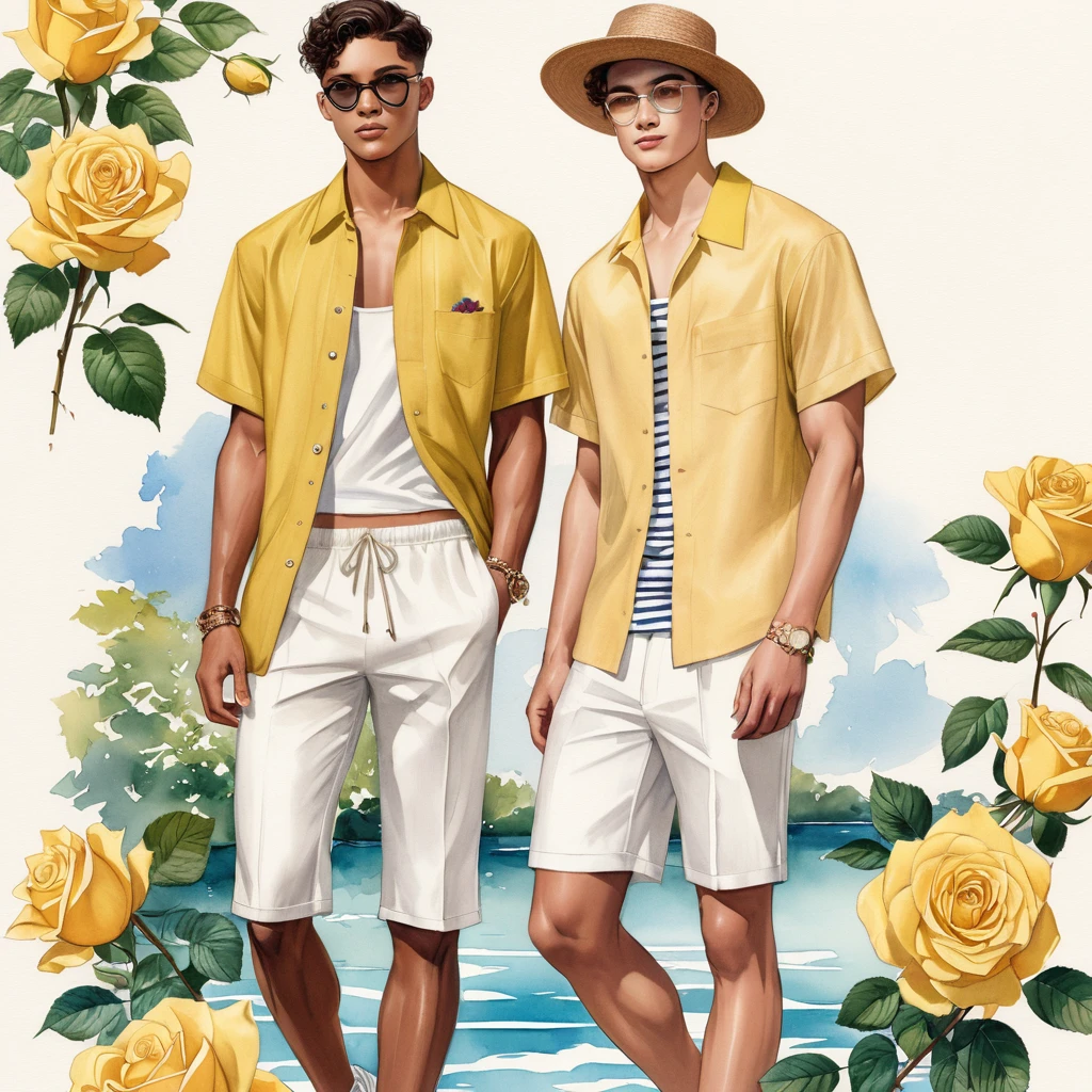 candid fashion illustration of young Mixed race 2man, both aged 18-23 year old, ((showcase fashion look book in linen outfits)), the design inspired of The Charles Darwin rose by David Austin, in elegant chic style. The man wears an oversized short-sleeved shirt with a minimal rose embroidery details, paired with relaxed-fit white Short with Drawstring, He completes his look with white sneakers and round glasses. The boyfriend complements him in a skinny fitted speedo in a stripe pattern, semi bulge, He resemble includes an accessorizes with a brimmed straw hat and white sneakers, Captured in a low angle, ((full-body image)), ((roses motifs background)), fashion sketching, realistic drawing, ((imperfect water color drawing background)), fashion look book, fashion illustrator, fashion sketch design, gay, gay couple, Charles Darwin rose, yellow color, The blooms are large and full, with a deep, buttery yellow hue that can sometimes have soft, darker shades of yellow toward the center.