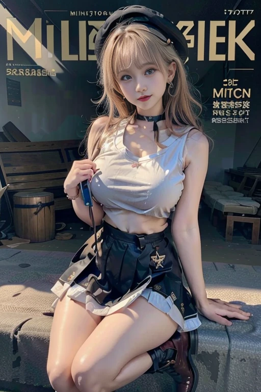 (masterpiece:1.2), (Military uniform magazine cover:1.4),best quality,PIXIV,Sweet girl , sexy posture,1girl, (perky chest:1.2), rolling upskirt by wind:1.6, (with sparkling eyes and a contagious smile),open mouth, (pointed chest:1.2),fishnets, black hair, boots, long hair, black nails, skirt, shirt, black footwear, bag, black skirt, jewelry, jacket, thigh strap, bangs, necktie, earrings, nail polish, multicolored hair, looking at viewer, full body, bottle, own hands together, belt, jacket on shoulders, food, cats on head, ring, choker, english text, collared shirt, blue eyes, hat, lace-up boots ,masterpiece、highest quality、Very detailed、An illustration、Beautiful fine details、One Girl、cute、Detailed landscape、Training Room Background:1.4、Platinum Blonde Hair、Braided Ponytail、Red camisole、((c cup breasts, Tank top showing underboob:1.4))