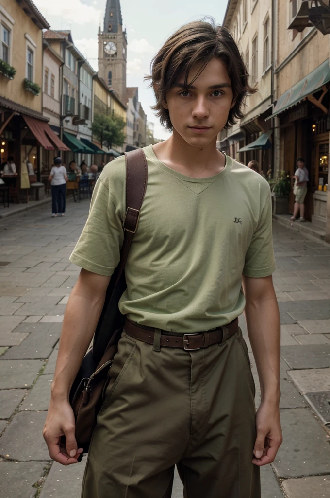 Ray, a young 15-year-old boy with short, messy brown hair, and bright green eyes, stands in the bustling town square of a medieval city. He's dressed in a simple, worn tunic and trousers, with a small satchel slung over his shoulder. Ray's appearance is unassuming, but there's a hint of determination in his eyes.
Ray is a half-elf, born to an elf mother and a human father.