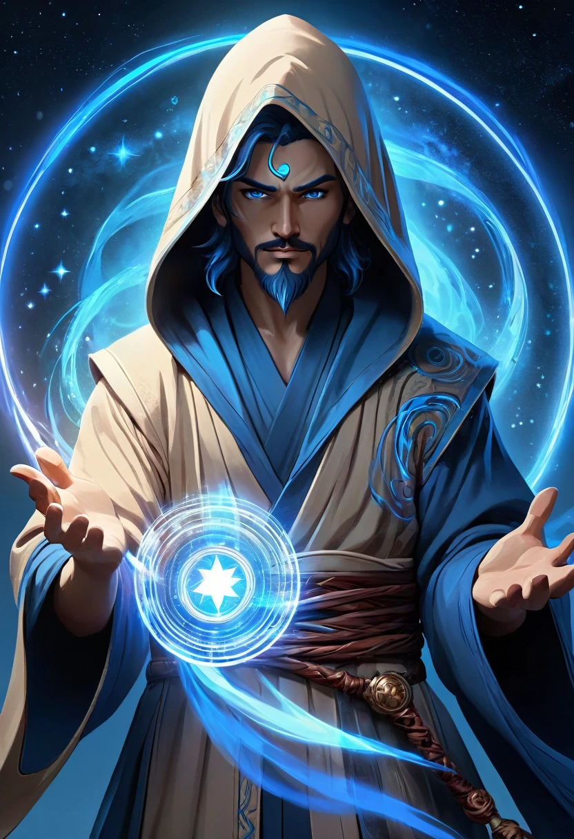 ( perfect anatomy ) Flowing robe, A man wearing a beige hooded robe with swirling starry magic energy(flying robe))Man mysterious ninja sideways, face partially obscured by turban or mask, holding a blue glowing star in hand with blue fire power on the side, background is a huge star shaped blue light magic circle,
Mystic Fantasy Art Mystical Blue Light Runes Hovering Around (cinematic), meticulously made, Magical power, A detailed and intricate masterpiece of magic circles, Lighting effects Highly detailed fantasy magic concept art Highly detailed HD cinematic magic fantasy Gorgeous digital art