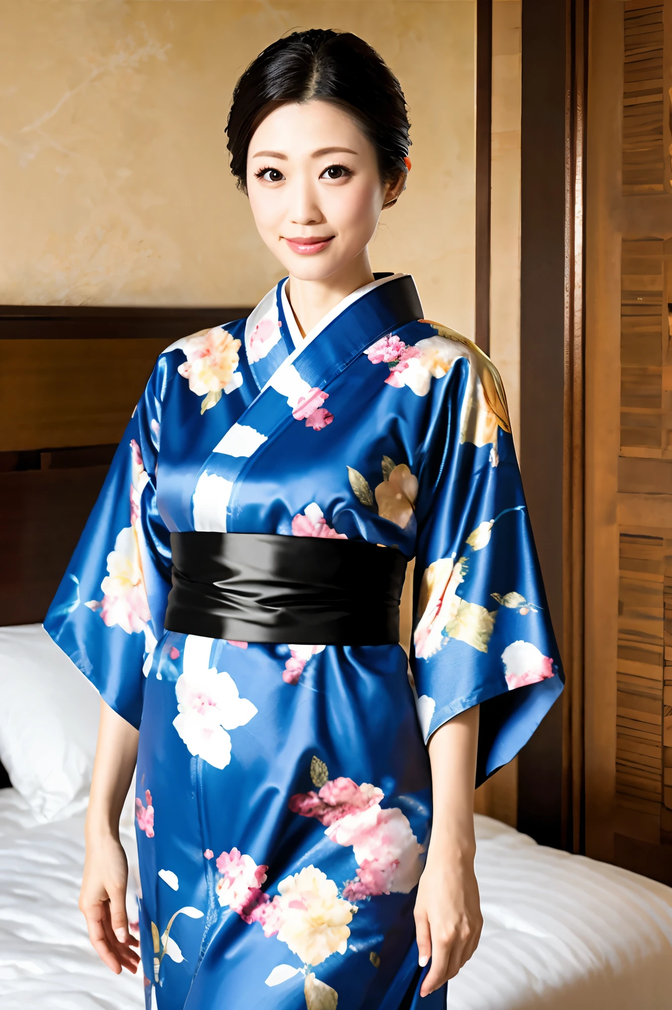 (Highest quality、Tabletop、8K、Best image quality、Award-winning works)、(1 Beautiful Mature Woman:1.1)、(Innkeeper:1.1)、(Elegant floral kimono:1.2)、(A kimono with a perfect and accurate collar:1.2)、Perfect Mature Woman Portrait Photo、Glowing Skin、Standing Elegantly、Glowing White Skin、Very white skin、(Accentuate your body lines:1.1)、(The most elegant posture:1.2)、(Large Breasts:1.2)、(Chignon:1.2)、(Accurate anatomy:1.2)、(Staring at me:1.5)、(Standing elegantly in a bedroom at a luxury inn:1.4)