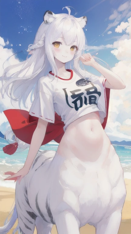 (best quality, masterpiece), 1 girl, centaur, It takes, White skin, Japanese , Smiling, exposing the abdomen,belly button t-shirt, 아름다운 소녀 perfect white tiger photo, perfect white tiger photo