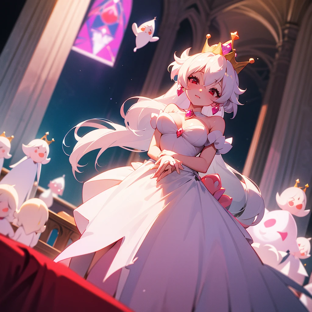 white princess peach cosplay, white princess peach with white bikini, with white hair, red eyes, tall and voluptuous, her crown with a pink diamond. little ghosts in the background, in the night church, photo