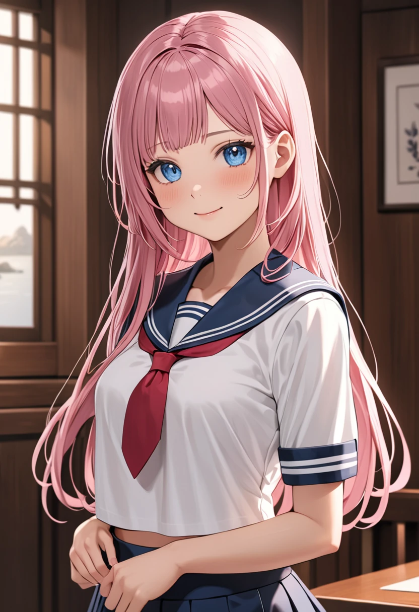 (masterpiece, top quality, very aesthetic, 4k、), intricate detail, 1girl,stand、(cowboy shot)、light smile、(Super long sideburns)、
Cute 、pink hair、straight hair,middle hair,sidelock ,,blue eyes、serafuku、sailor uniform、small breasts,Slim 、