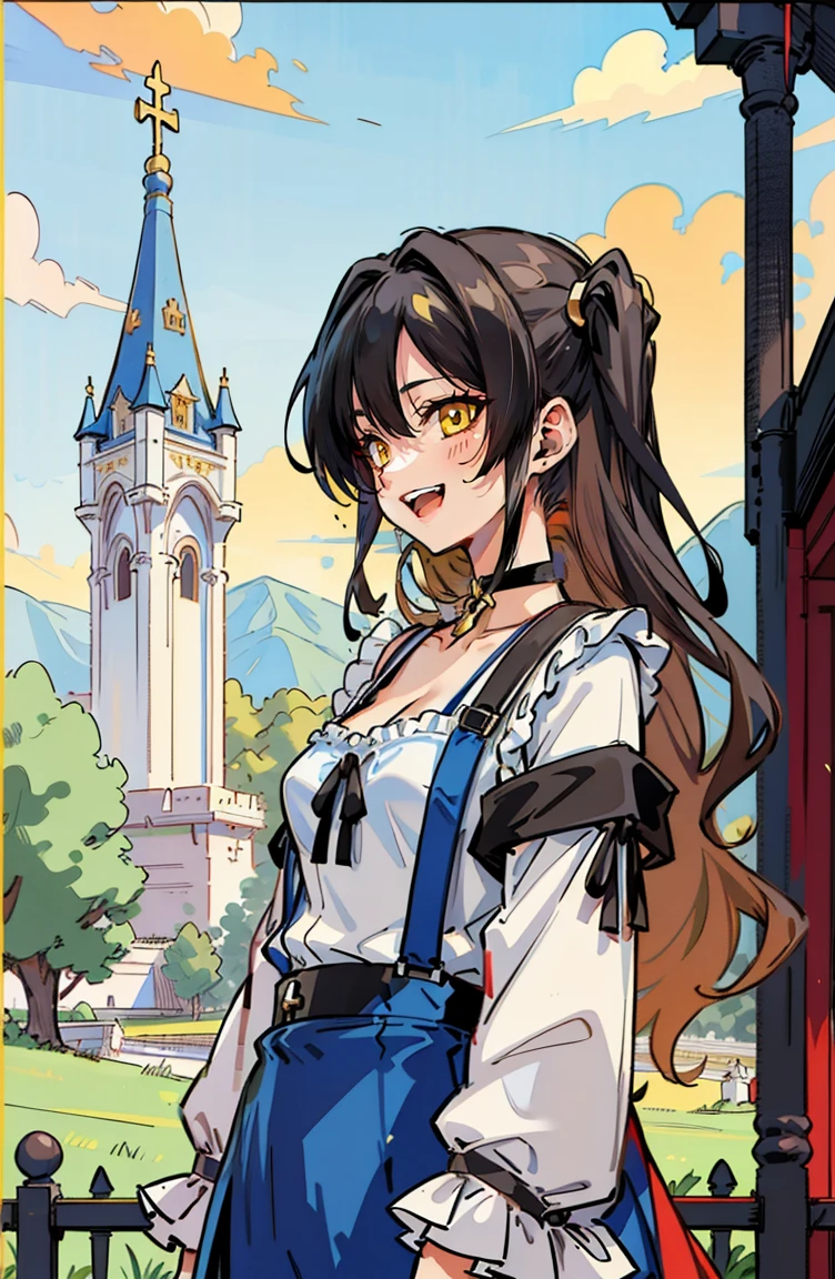 (masterpiece:1.2), (high quality:1.2), (hui xiyi:0.75), rekkyo sensen, rekkyou sensen, solo focus, girls with((black hair, tits cleavage, exposed breasts, breasts close up, (suspenders:1.2), dress, blue clothes, ribbon belt, off-shoulder sleeves, long sleeves, furry jacket, frills shirt, frills camisole, straps, (rosary choker, golden rosary, cross:1.05), upper body, (long wavy hair, one side up:1.2))), background with ((architecture, blue sky, building, bush, castle, village, no humans, cloud, cloudy sky, day, fence, field, garden, grass, hill, house, lamppost, landscape, mountain, mountainous horizon, nature, no humans, outdoors, scenery, shrine, sky, tower)), cowboy shot, anime, anime style