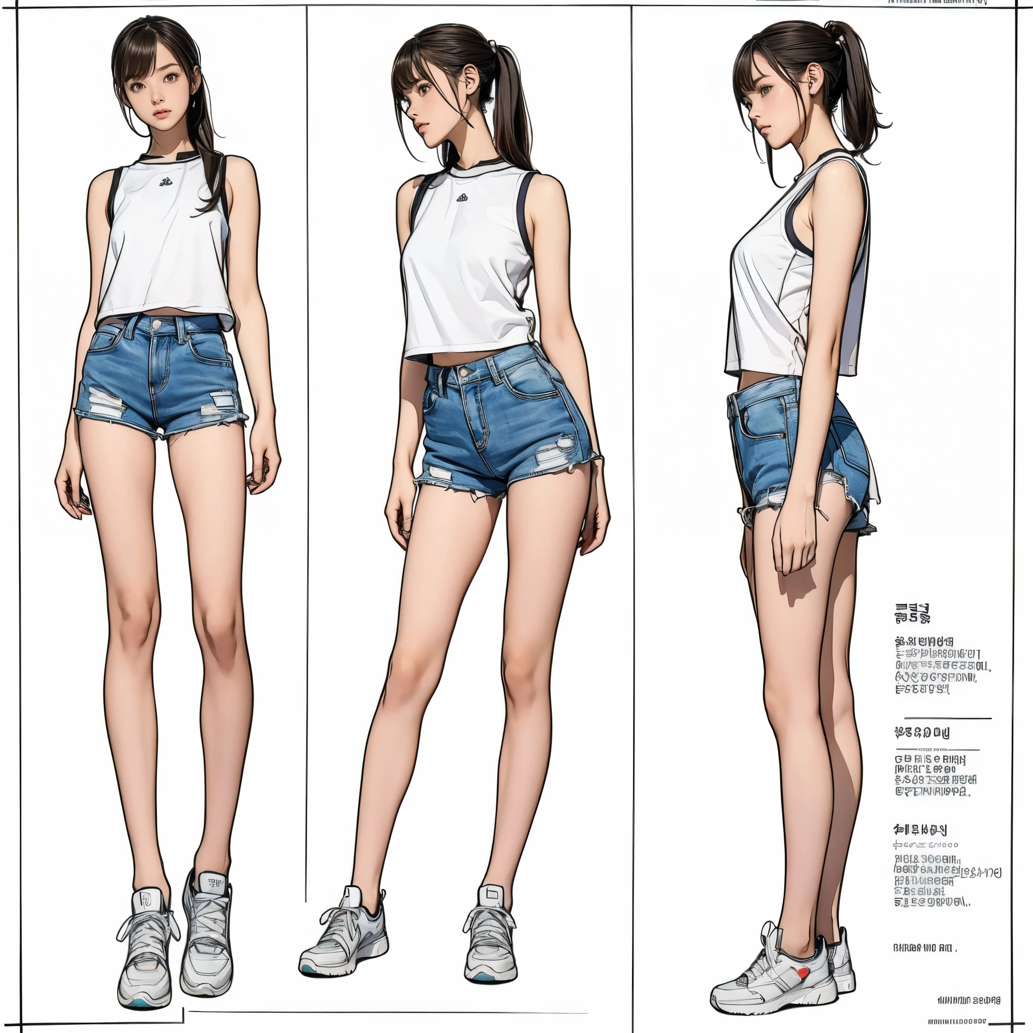 ((masterpiece,best quality;1.3,best illustration)),((character design sheet)) 1 woman wearing headphones,19 year old attractive beauty, Wearing the, seoul, short pants, Sneakers, 165cm, sleeveless,