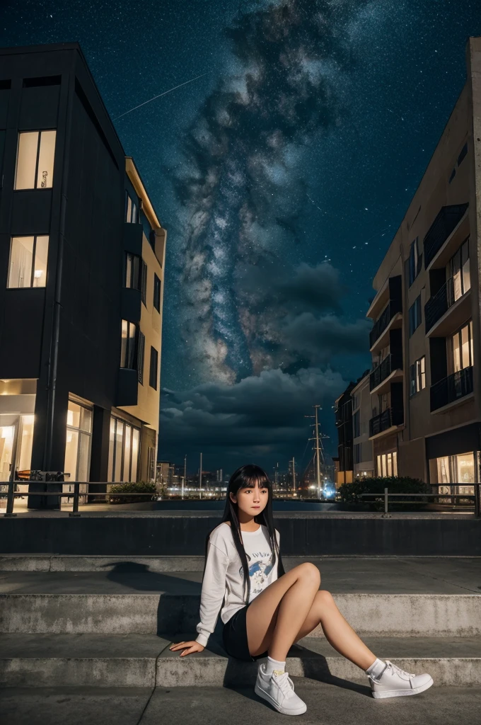 masterpiece, Exquisite detail,Highest quality, One girl, alone, handrail, cloud, Looking up at the buildings,Long Hair, zero, Long sleeve, Power lines, White footwear, Black Hair, View your viewers, Electric pole, bangs, cloudy zero, fish, bird, Green Eyes, Shorts, Day, Black Shirt, barefoot,Whale flying in the sky,Giant whale,night,Star,milky way,night,Pitch black,Buildings,Sitting,bright,noon,sun,Shine,顔アップ,zoom up
