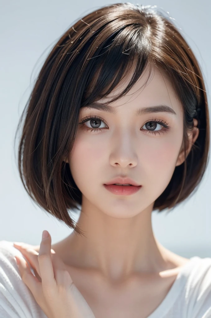 Create an up-close image of a young woman's face with a short bob haircut, characterized by a sleek and slightly tousled appearance. Her hair color is a soft brown with subtle highlights, and she has long, wispy bangs that frame her face delicately. She has a youthful, fresh look with minimal makeup, giving her a natural and radiant complexion. The background is plain and white, emphasizing her features. She wears a simple, white shirt that adds to the clean and effortless style of the image. One of her hands, with cute, neatly manicured nails, is gently covering her mouth, adding a playful and thoughtful expression to her face.