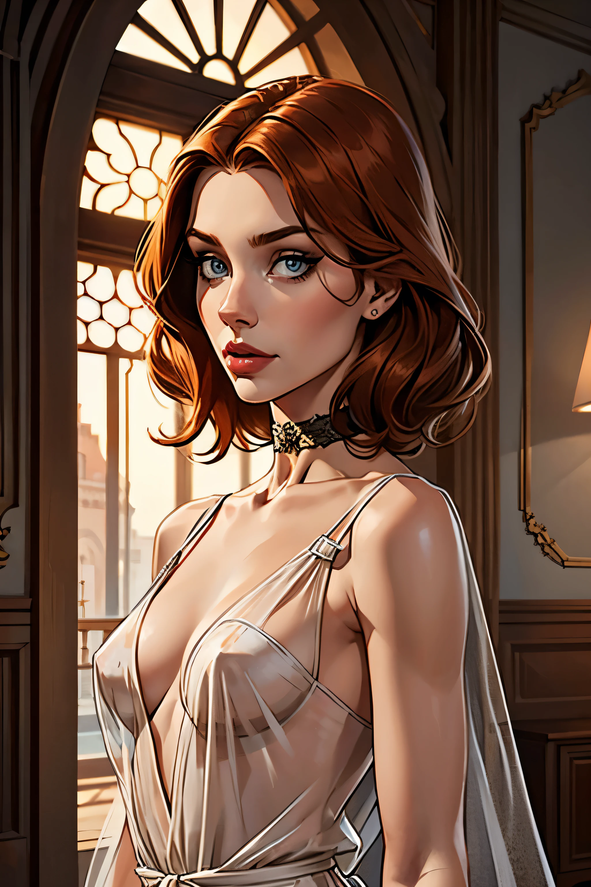 best qualityer, work of art, (realisitic: 1.2), 1 girl, slender girl, ginger hair, eyes browns, 3/4 view, face detailed, gorgeous eyes, eyes gray, eyes large, breasts small, choker, see through gown