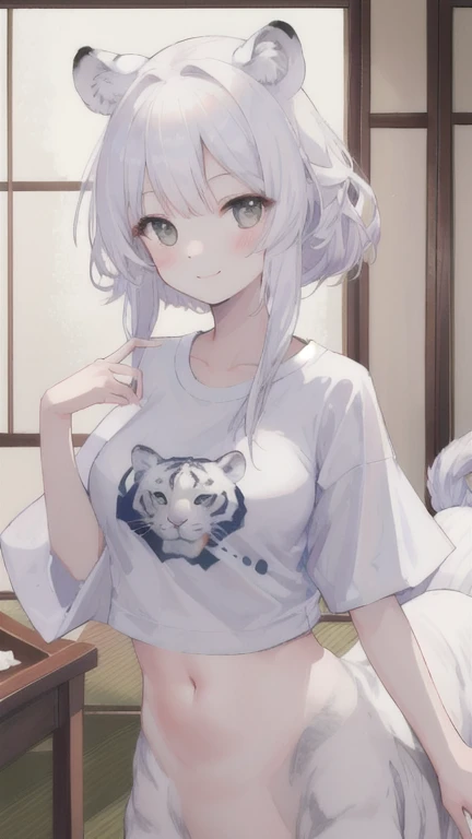 (best quality, masterpiece), 1 girl, centaur, It takes, White skin, Japanese 11-year-old female student, Smiling, exposing the abdomen,belly button t-shirt, 아름다운 소녀 perfect white tiger photo, perfect white tiger photo