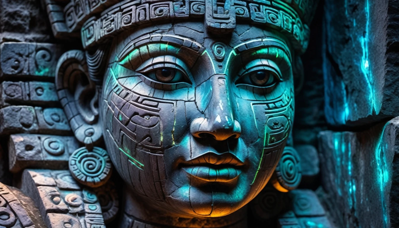 Detailed close-up, Weathered Mayan statue of a woman, Close-up of complex facial features, Glowing crystal veins, Neon streaks against ancient stone, Cracked texture, Mystic energy,bust