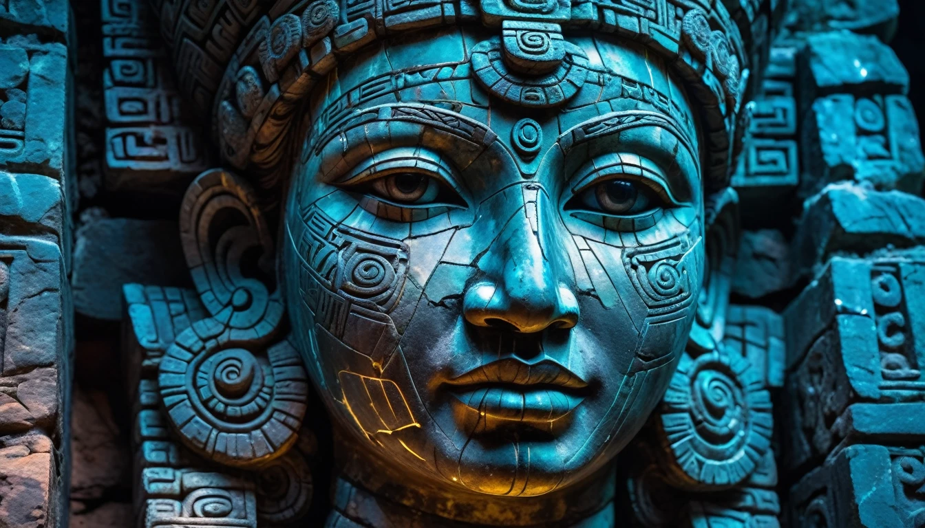 Detailed close-up, Weathered Mayan statue of a woman, Close-up of complex facial features, Glowing crystal veins, Neon streaks against ancient stone, Cracked texture, Mystic energy,bust