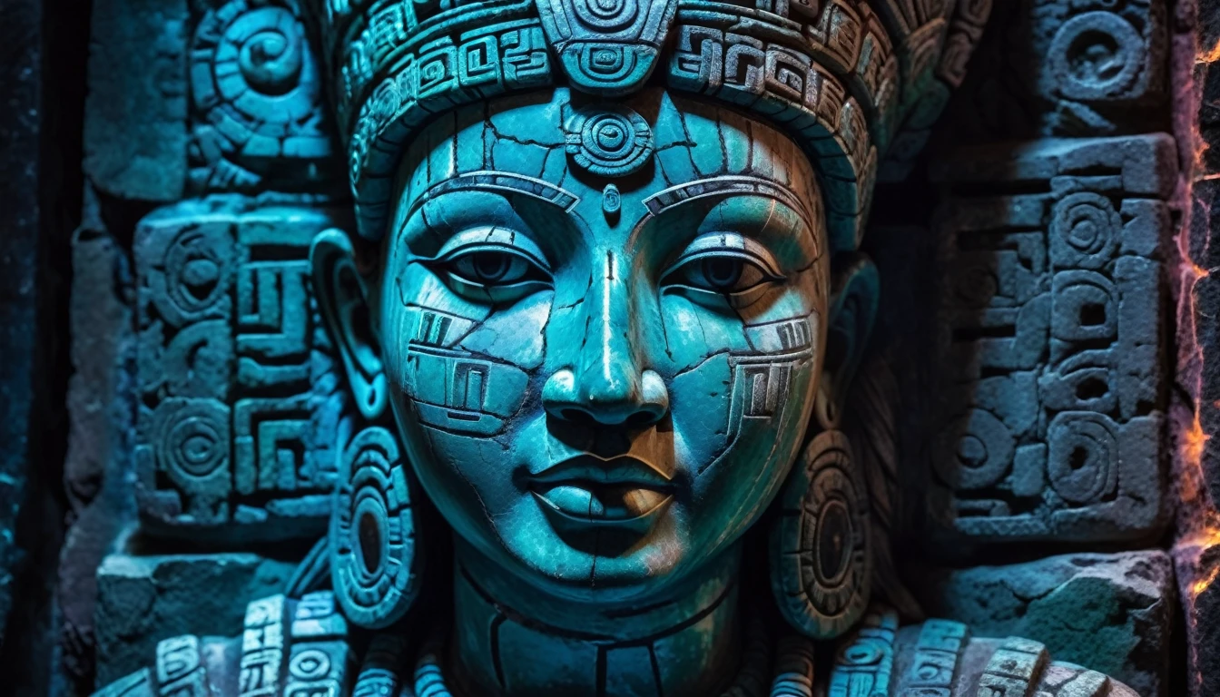 Detailed close-up, Weathered Mayan statue of a woman, Close-up of complex facial features, Glowing crystal veins, Neon streaks against ancient stone, Cracked texture, Mystic energy，bust
