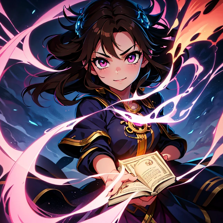 ((Highest quality,8K,Absurd Resolution,16K, masterpiece: 1.3))Perfect Face,girl, woman, Symmetrical eyes, Black background, Dark brown hair color, Short hair length, disheveled wavy hair, hair ornaments, Pink Eyes, Black and purple robe, Gold border, Food, Black Shirt, Tea belt, Grave, Cute Smile, Fine grain, Adorable face, low length, I have a book, Dark brown hair, Firefly Background, Soft Light,8K Ultra HD, HDR,Unique Design,One and only,A magnificent composition,One Scene,Anime Style,Studio Lighting,Ultra Wide Angle,Original elements,Detailed texture,Full body description,Dynamic Angles,Iconic,Dynamic Lighting,Professional Color Grading,original,Extreme detail,Glow effect