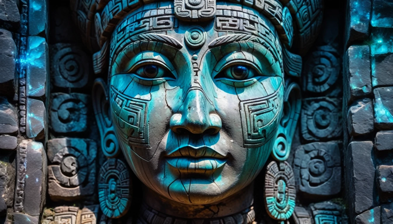 Detailed close-up, Weathered Mayan statue of a woman, Close-up of complex facial features, Glowing crystal veins, Neon streaks against ancient stone, Cracked texture, Mystic energy，bust