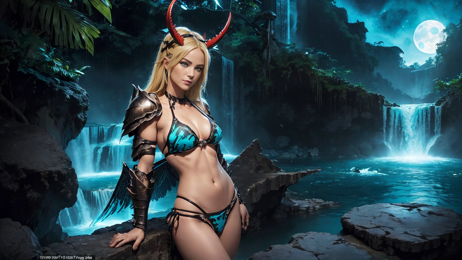 In a setting (lush jungle:1.5), in the middle of (majestic waterfalls:1.5) (turquoise blue), a (sublime warrior alone) sits on a rock, her large blue eyes piercing the camera lens.    The (dark night sky:1.3) above is lit by a (fiery red moon:1.3).  Her perfect physique is highlighted by a beautiful (bikini armor:1.5) adorned with (bones:1.3).  She wears a (black tiara with horns:1.3) on her (long blonde hair:1.3) and her (pretty face) sports a (sultry smile).  She has (2 large wings: 1.5) on her upper back.  (2 high bone wings: 1.3).  (2 high symmetrical wings). (Darkness). (Bone armor, stripped armor:1.3)