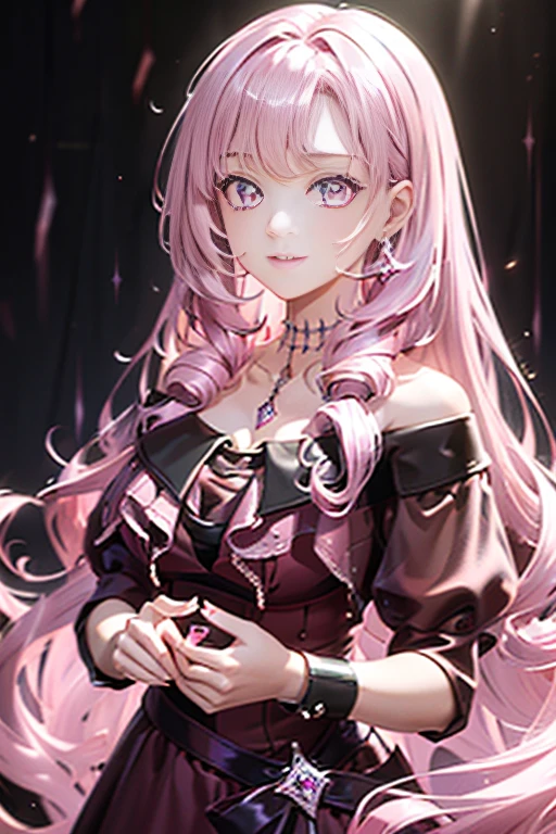 Masterpiece, best quality, extra detail, (beautiful girl), (light pink rolling hair), (dark red and black gorgeous dresany jewelry), sharp light pink eyes, dark smile, jewelry’s rain, shiny, brightly, dramatic lighting