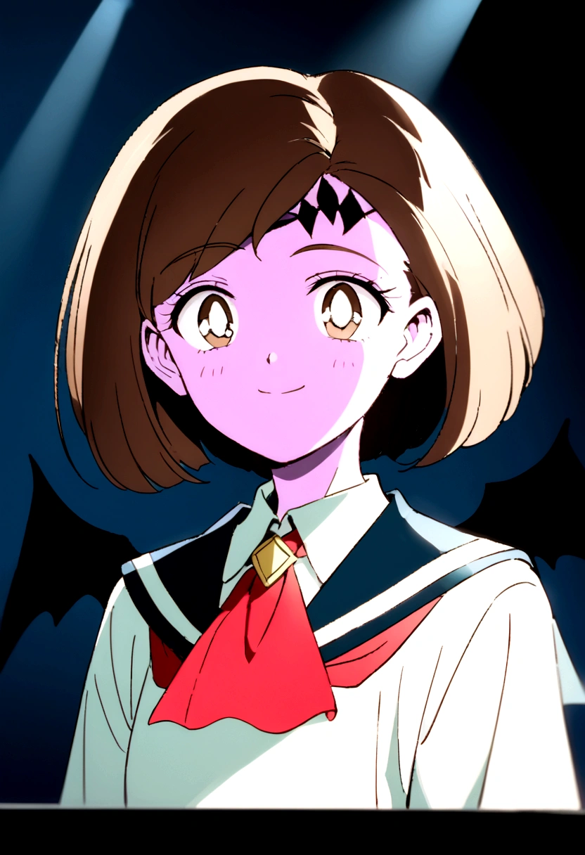 Youma body, pink skin, black filled-in eyes, two beige diamond markings and little wings on forehead, short brown hair, 1940's hairstyle, looking at viewer smiling, DD Girl, middle school sailor fuku with red ascot, ears covered by hair.