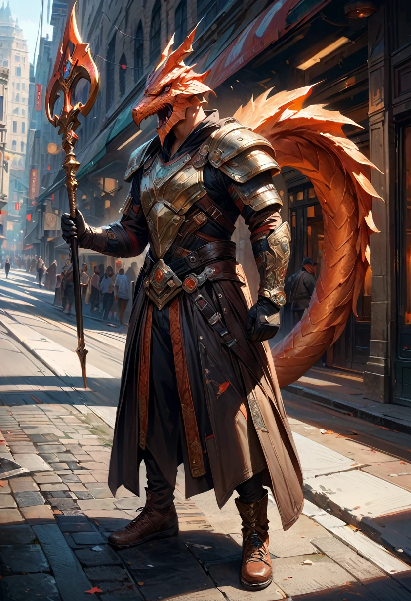 a fantasy warrior with dragon head helmet, orange scales, holding sword in hand, standing on city street, green, black leather gloves, highly detailed, fantasy art, (best quality,4k,8k,highres,masterpiece:1.2),ultra-detailed,(realistic,photorealistic,photo-realistic:1.37),digital art, cinematic lighting, dramatic shadows, hyper realistic, intricate details, volumetric fog, vibrant colors