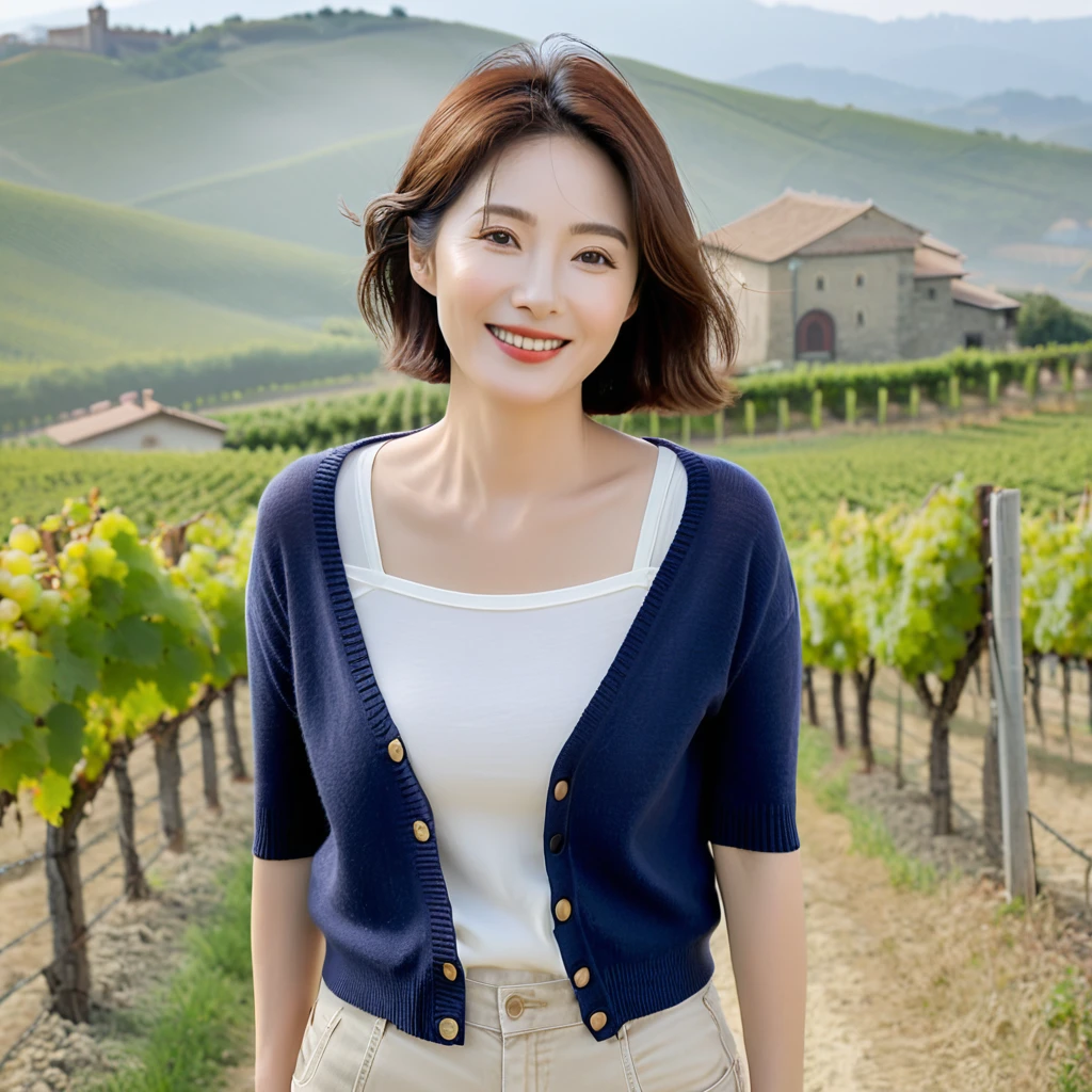 8k best picture quality, Beautiful 36-year-old Korean woman, My skin is good and my eyes are clear and pretty... clear and nice weather. Chest size 34 inches, italian countryside, past the vineyard, A cathedral can be seen in the fog in the distance.., The back background is realistic and vivid quality., Short and medium hair blowing in the wind, Wear a short cardigan over a short-sleeved knit top that completely covers your chest. beige jeans, smile. the background is clear, Short and slim Korean woman, stand far away, Photo taken with a wide-angle lens, 1 woman