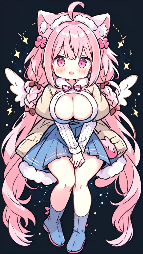 one huge breasted girl, alone, ahoge, woven, pink eyes, heart (symbol), pink nails, boots, full body lesbian, bow, animal cat ears, ruby, long pink hair, drilled tails, show viewer, manicure, fur trim, open mouth, colorful hair, pink headdress, skirt, fluffy sleeves, cape, goodbye to hair accessories , hairstyle, cleavage, bangs, long sleeves, pink ribbon, hair ornament, pink hair, beautiful print, Japanese style dress, blonde hair, pink capelets, nipple chains, very long hair, skirt, x hair ornament, wings, some striped, blush, ears Nipple Ring, blue footwear, Head wings, :this, constellation print, fluffy long sleeves, blue skirt, striped ribbon , socks, constellations,