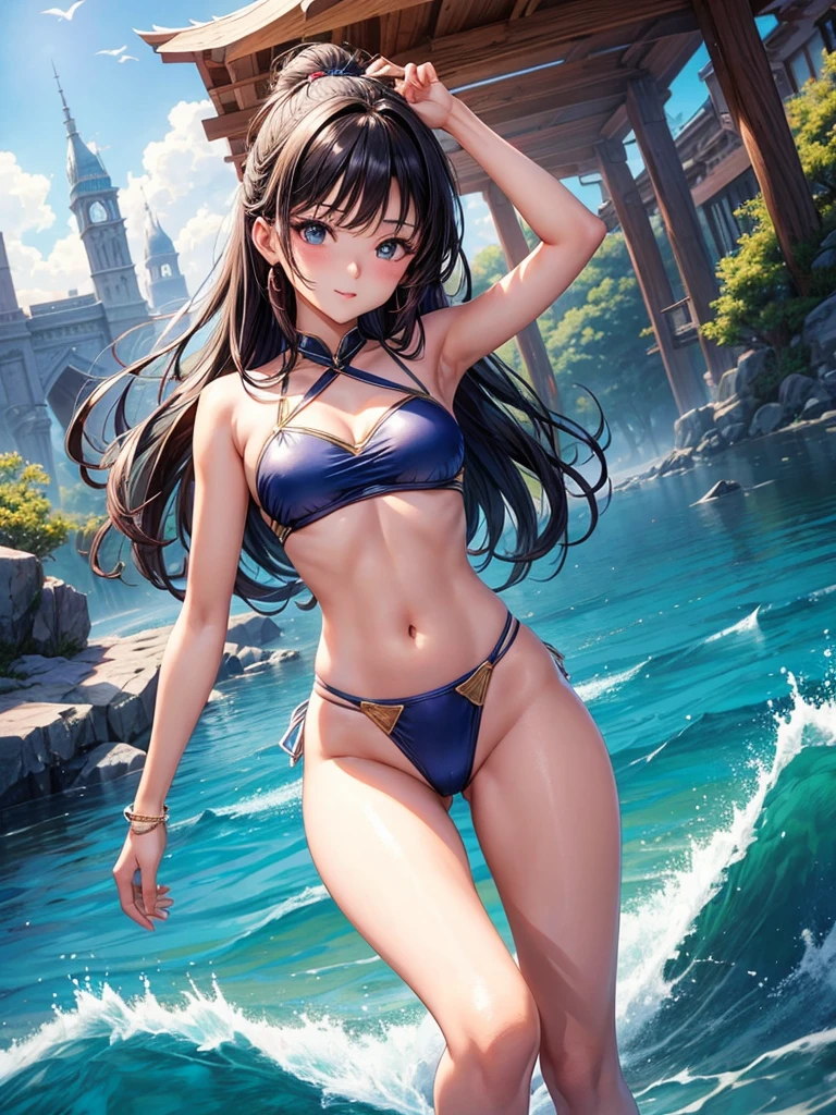 Beautiful Asian girl, 18 years old, light bikini knight girls, sexy lady, medium breasts, camel toe, long sword,