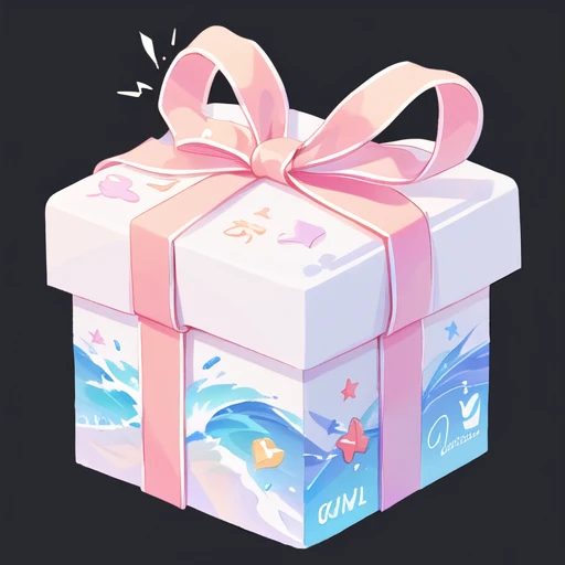 There is a small gift box，Summer theme，Waves，spray, Ribbons，warm color，3d icons for mobile games, Game assets, Stylized game icons, Game Icon Assets, Loot Boxes, video game item, Gift, mobile Game assets, Magic Items, Fantasy game spell icons, Object Art, magically glowing, isometric Game assets, Written byKanbun Master, 