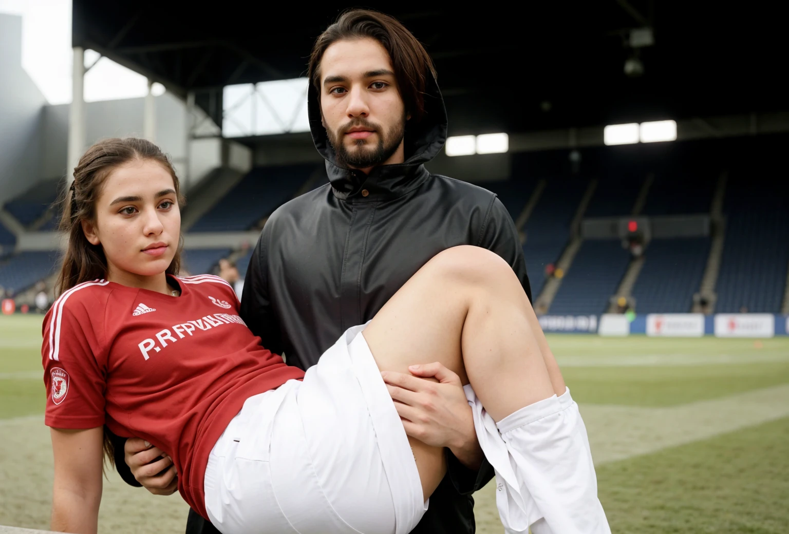 an unconscious bearded man, an unconscious, bearded man, An unconscious, bearded man, eine strenggläubige Muslimin und ein bearded man, Orthodox Muslim woman carries the body of the injured man in her hands, Muslima grabs his legs and body with her hands, The bearded man in Muslima’s arms is visibly in pain, Stadionatmosphäre, The bearded man lies unconscious in Andreas’ arms, one arm hangs down, A scene in a football stadium, ein bearded man liegt in den Armen einer fürsorglichen Frau, lay helpless in her arms, his head dangled down, One arm dangles down, while he is being carried by the woman, There is an attractive and heavily made-up woman in a long black leather coat, Eine hübsche Frau in einem Shiny schwarzen Ledermantel auf einem Fußballplatz, A beautiful woman holds an unconscious man, A man in matte and roughened sportswear is held diagonally in her arms, A man in the arms of a woman with one arm hanging down, we see the man held in front of the woman's body, the man is carried by the woman and lies on her arm, The beautiful woman is exceptionally heavily made up and has an extremely desperate and very angry expression on her face, high resolution photo, realistic sports photo, soccer scene, Woman in black, Shiny, long leather coat, injury scene, Real photo, ultra realist, High Resolution, Sports photography