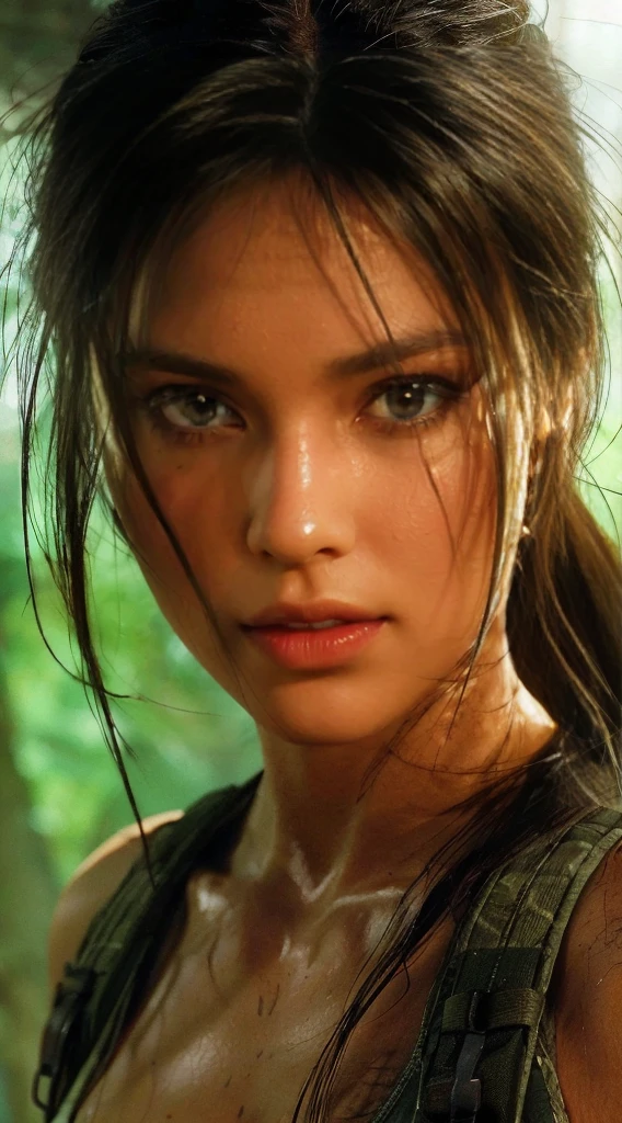Lara Croft, brown eyes, (best quality, ultra-detailed), (realistic:1.37), beautiful and detailed face, ultra-realistic texture, delicate face, delicate body, red lipstick, bright colors. high definition, 8K,