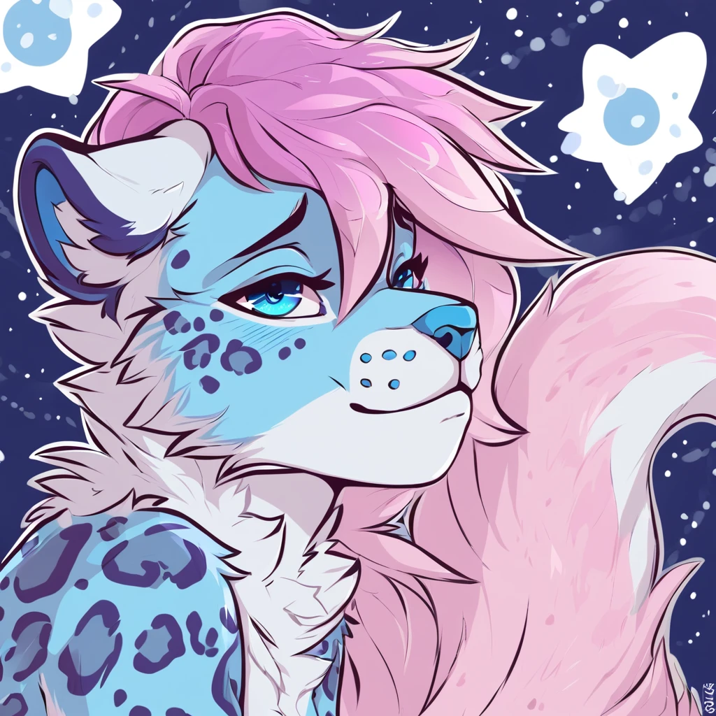 adult, feline, mammal, anthro, anthropomorphic, snow_leopard, striped, fur, striped_feline, fur, furred_anthro, femboy, male, light_pink, purple_hair, pink_hair fluffy, long_tail, blue_nose, expressive eyes, feline_ears, pink_hair, blue_fur, light_blue_chest, shy, small_pupils, spotted_pattern, stripes, digital_art, high_resolution, high_res, hand-drawn, pencil_lines, head_visible, background, neck_visible, seductive_face, blue_galaxy_background, white_outline, detailed_line_work, profile_picture, head_visible,