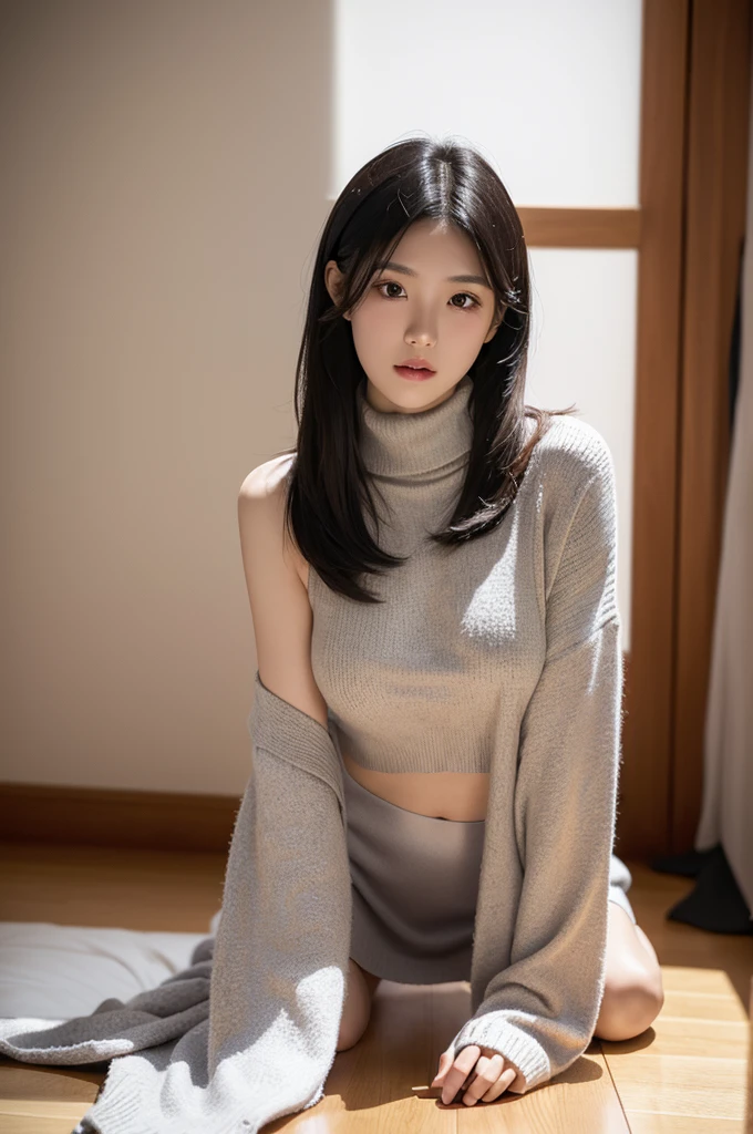 (Tit, Turtleneck Knit, Shoulder Bag), (Top Quality, Masterpiece: 1.3, Ultra High Resolution,), (Ultra Detail, Caustics), (Photoreal: 1.4, RAW Shooting,) Ultra Realistic Capture, Very Detail , High definition 16K of human skin, natural skin texture, skin tone looks even and healthy, uses natural light and colors, 1 female, 25 years old Japanese, cute, black hair, medium hair, ( Depth of boundary notation, chromatic aberration, wide lighting range, natural shading, ), (hair swaying in the wind: 1.2), room, crawling on all fours, massage costume, exposed skin, short skirt