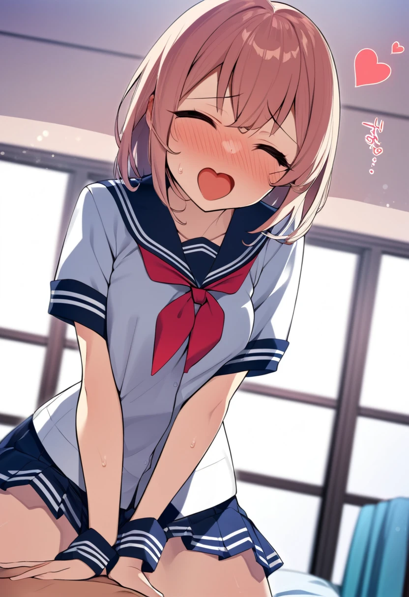 one girl, sailor uniform, neckerchief, love me, heart mark, ecstatic, girl on top, shy, small breasts