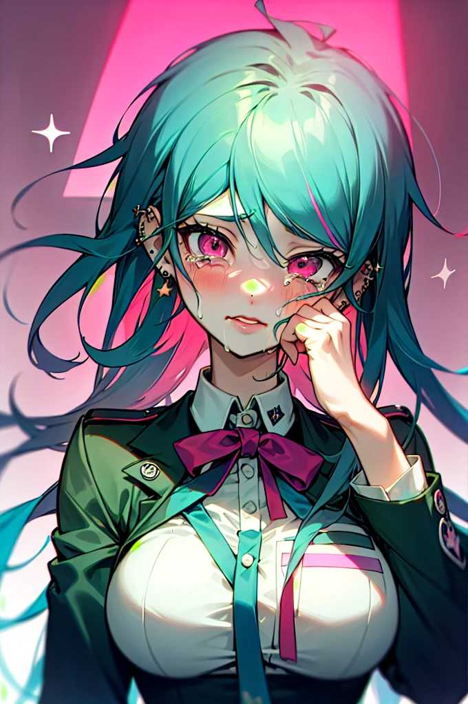 a girl from the danganronpa anime with long turquoise blue hair with green and pink streaks, pink eyes with stars,medium big tits, kibougamine academy uniform, piercings, thick red lips, crying inconsolably and screaming with her face full of her tears because she lost her real love