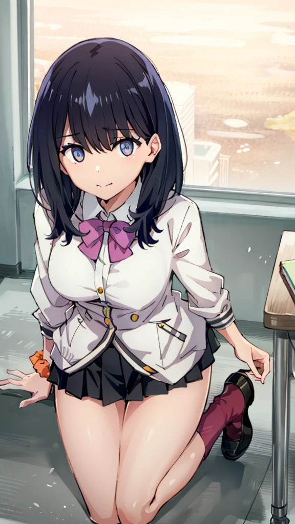 {{{masterpiece}}}, {{{best quality}}}, {{ultra-detailed}}, {illustration}, {{an extremely delicate and beautiful}}, (beautiful detailed eyes:1.6), extremely detailed face, 8k, anime face,
BREAK, aaakane, Shinjo Akane(SSSS.Gridman), cute face, short hair, red eyes, large breasts, thin waist, big hips, curvaceous, purple bowtie, collared shirt, white shirt, off shoulder, purple jacket, partially unzipped, long sleeves, sleeves past wrists, pleated skirt, black skirt, black pantyhose, light smile,
BREAK, rikka1, rikkatakarada, rikka takarada(SSSS.Gridman), cute face, black hair, blue eyes, medium hair, sidelocks, orange scrunchie, scrunchie, wrist scrunchie, medium breasts, thin waist, big hips, curvaceous, plump thighs, black footwear, black skirt, bow, bowtie, buttons, cardigan, collared shirt, long sleeves, microskirt, pleated skirt, red bow, red bowtie, red socks, shirt, shoes, skirt, socks, thighs, white cardigan, white shirt, emotionless, BREAK, {{{{{2girls:1.5}}}}}, multiple girls, 1popsicle, long popsicle, food, popsicle_licking, lick together, squatting, kneeling, tongue, tongue out, upturned eyes, flushed cheeks, from above, from front, looking at viewer, indoor, evening, in the classroom, medium shot