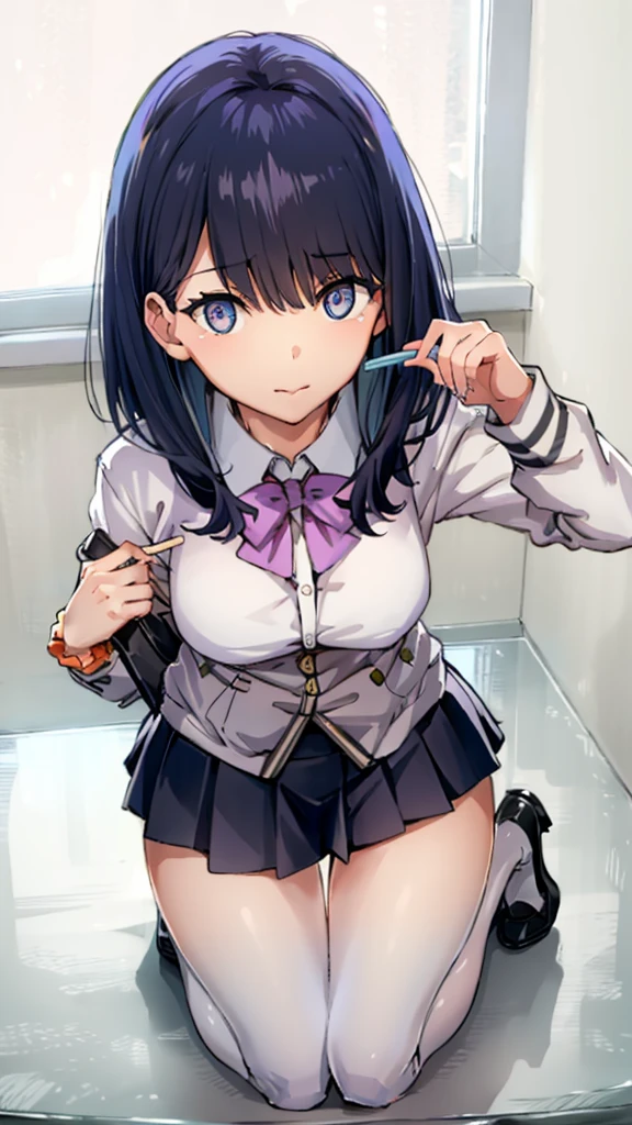 {{{masterpiece}}}, {{{best quality}}}, {{ultra-detailed}}, {illustration}, {{an extremely delicate and beautiful}}, (beautiful detailed eyes:1.6), extremely detailed face, 8k, anime face,
BREAK, aaakane, Shinjo Akane(SSSS.Gridman), cute face, short hair, red eyes, large breasts, thin waist, big hips, curvaceous, purple bowtie, collared shirt, white shirt, off shoulder, purple jacket, partially unzipped, long sleeves, sleeves past wrists, pleated skirt, black skirt, black pantyhose, light smile,
BREAK, rikka1, rikkatakarada, rikka takarada(SSSS.Gridman), cute face, black hair, blue eyes, medium hair, sidelocks, orange scrunchie, scrunchie, wrist scrunchie, medium breasts, thin waist, big hips, curvaceous, plump thighs, black footwear, black skirt, bow, bowtie, buttons, cardigan, collared shirt, long sleeves, microskirt, pleated skirt, red bow, red bowtie, red socks, shirt, shoes, skirt, socks, thighs, white cardigan, white shirt, emotionless, BREAK, {{{{{2girls:1.5}}}}}, multiple girls, 1popsicle, long popsicle, food, popsicle_licking, lick together, squatting, kneeling, tongue, tongue out, upturned eyes, flushed cheeks, from above, from front, looking at viewer, indoor, evening, in the classroom, medium shot
