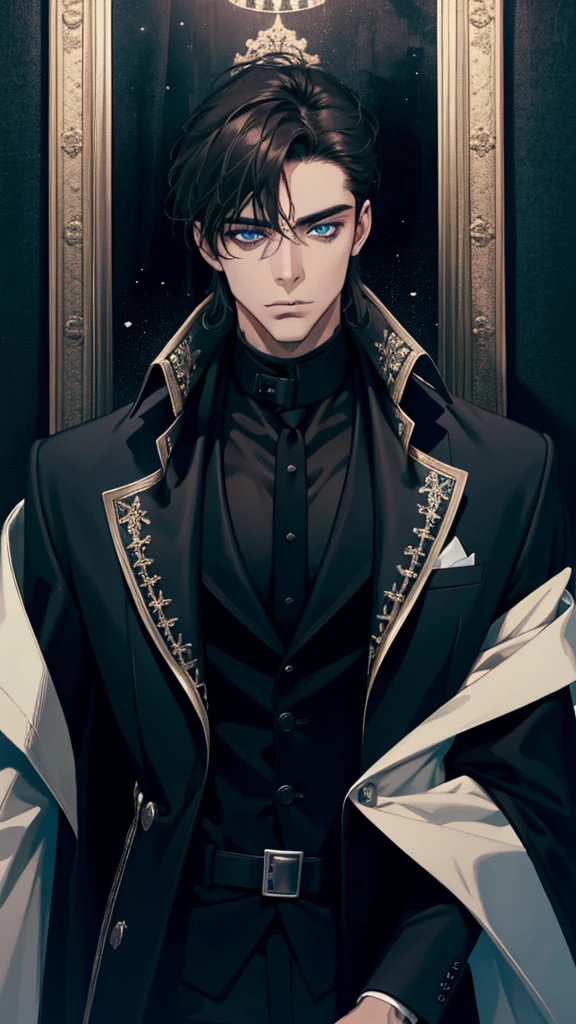 A men in black coat, blue eyes, black and brown hairs, handsome men, dark photo, work of art, portrait photo,