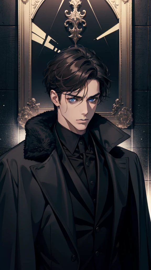 A men in black coat, blue eyes, black and brown hairs, handsome men, dark photo, work of art, portrait photo,