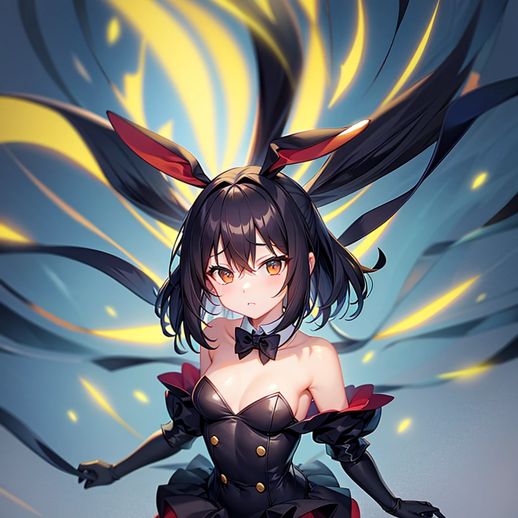 ((Bunny girl)),Cute little ,Tiny ,Small girl,,Childish face, Very fine clean face,Top quality,Straight Hair,Black hair,(Dark Room), Subtle light, Natural light,Soft lighting,Light from directly behind,(Open your hands), (Are standing),Front view,Black background