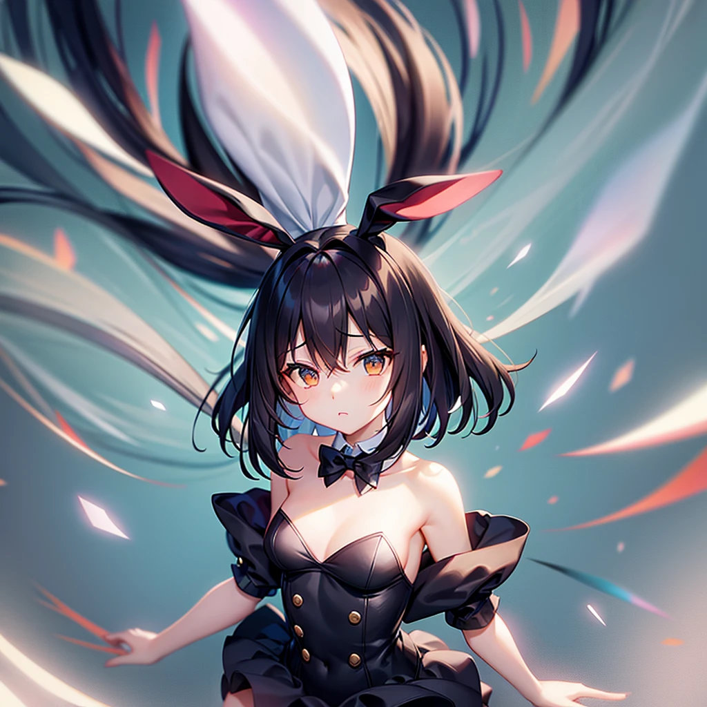 ((Bunny girl)),Cute little ,Tiny ,Small girl,,Childish face, Very fine clean face,Top quality,Straight Hair,Black hair,(Dark Room), Subtle light, Natural light,Soft lighting,Light from directly behind,(Open your hands), (Are standing),Front view,Black background
