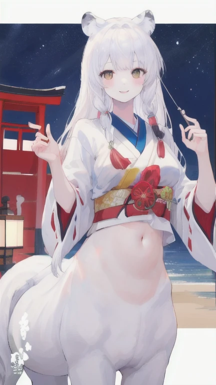 (best quality, masterpiece), 1 girl, centaur, It takes, White skin, Japanese 11-year-old female student, Smiling, exposing the abdomen,belly button t-shirt, 아름다운 소녀 perfect white tiger photo, perfect white tiger photo