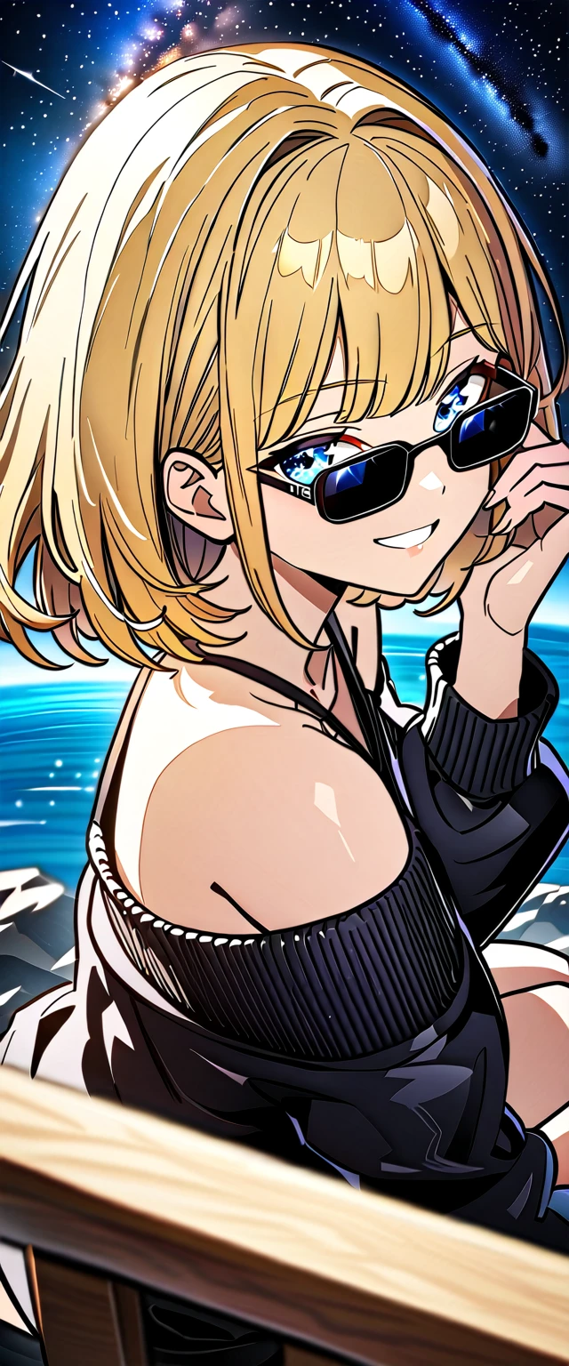 from side, ((grin)), sunglasses, hand to sunglasses, ((off-shoulder sweater:1.3, Quite thick shoulder straps)), ((black sweater)), ((Aran sweater)), (((from above))), ((((upper body)))), ((Leaning to side)), (((a beautiful starry sky, the Milky Way shining beautifully in the night))), ((sitting on the very high cliff)), wavy hair, inward curled hair, sea, ((blond hair, bob cut:1.3)), breasts, teenager, (looking at viewer), oversized clothes, puffy long sleeves, collarbone, head tilt:1.3, (((blue eyes))), happy smile, (((anime style))), (best quality, 4K, 8K, highres, masterpiece:1.2, ultra-detailed, ultra-detailed eyes, HDR, uhd, studio lighting, ultra-fine painting, sharp focus, physically-based rendering, extreme detail description, professional, vivid colors, bokeh)