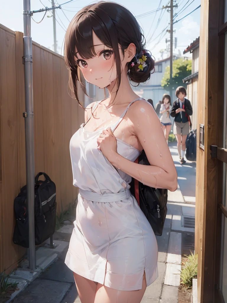 (masterpiece:2.0), (top-quality:2.0), (white Tube top extremely short length dress made by towel:1.5), (perfect exposed shoulders:1.5), (perfect exposed nape:1.5), (super sexypose:1.5), (blushed face:1.3), (barechested:1.3), (realistic:1.5), 1 , precise small hands, Embarrassed look, light smile, extremely cute girl, innocent face, young face, Clear eyes, Shining eyes, shoulder is visible, small breast, thigh is visible, No pubic hair, The beautiful skin, ultra-definition, Top resolution, japan high school student, brown hair, Camel toe, wet, โชว์กางเกงใน,