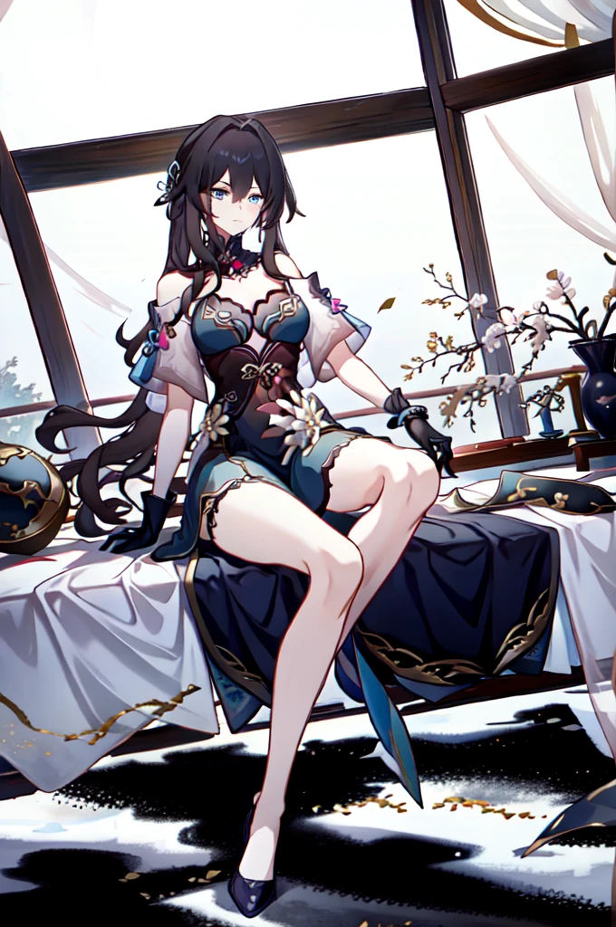 RUANMEI,Bangs,Long hair,skirt,Gloves,Hair between the eyes,Jewelry,Hair accessories,blue eyes,Black Hair,flower,black Gloves,blue skirt,indoors,bedroom,on the bed,A faint smile,Rosaria,, 1 Girl,
,  (masterpiece,best quality:1.2),absurd，whole body,Long legs,pretty feet，Bare legs